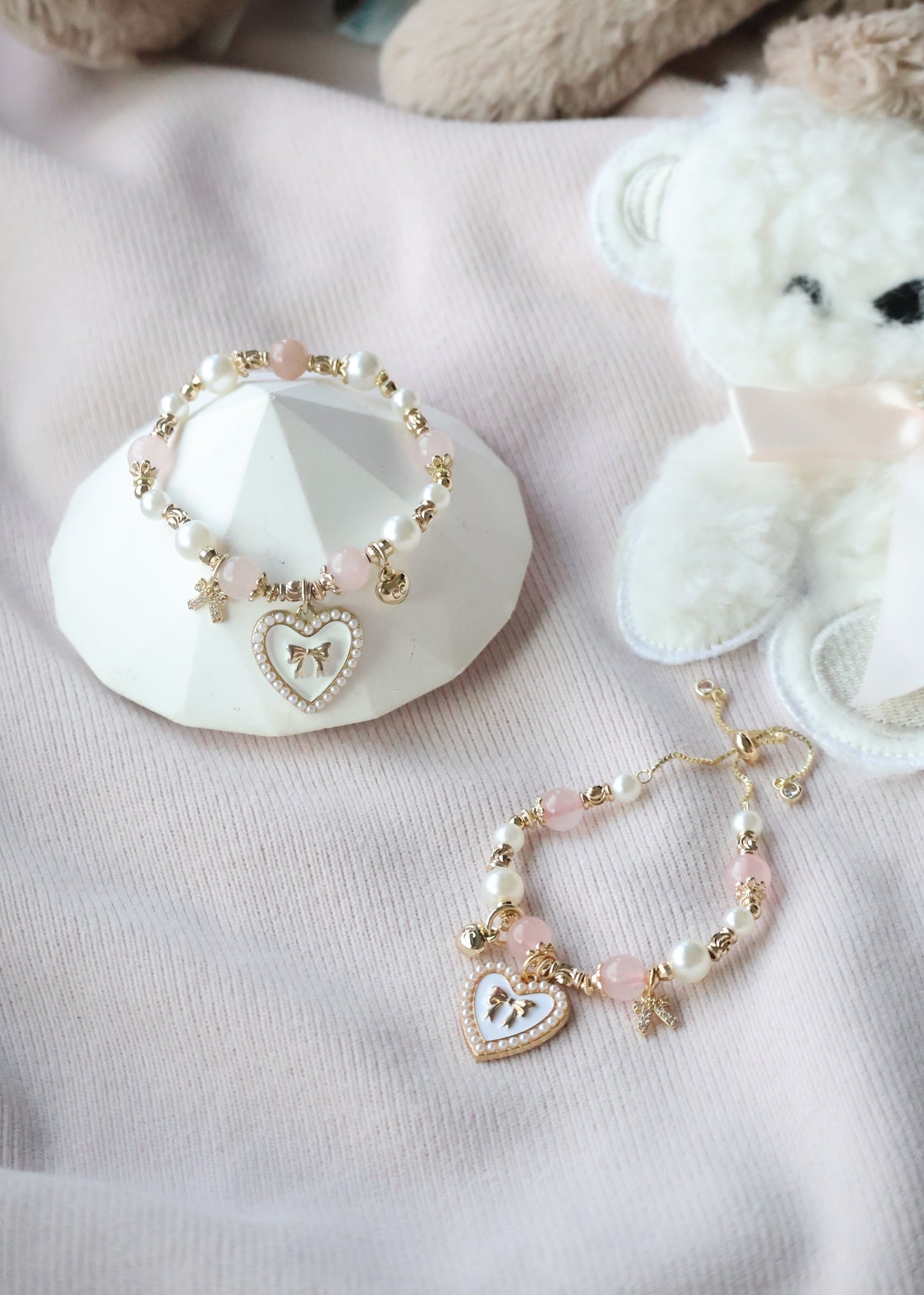 *Instocks* Cherie with Heart & Ribbon Crystal Bracelet (Elastic)