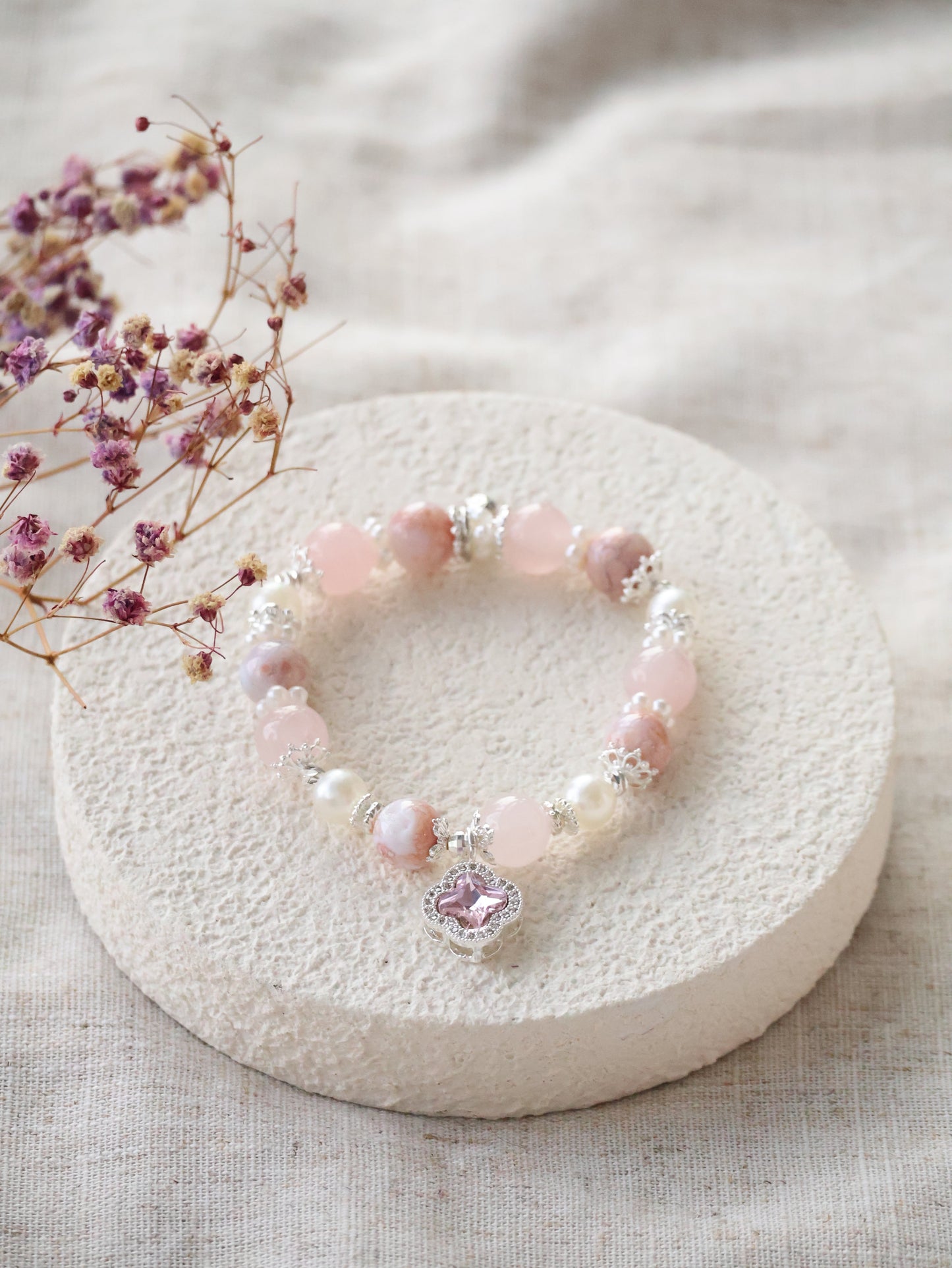 *Instocks* Cordelia Twin - Flower Agate & Rose Quartz with Sparkly Clover Charm Crystal Bracelet (Elastic)