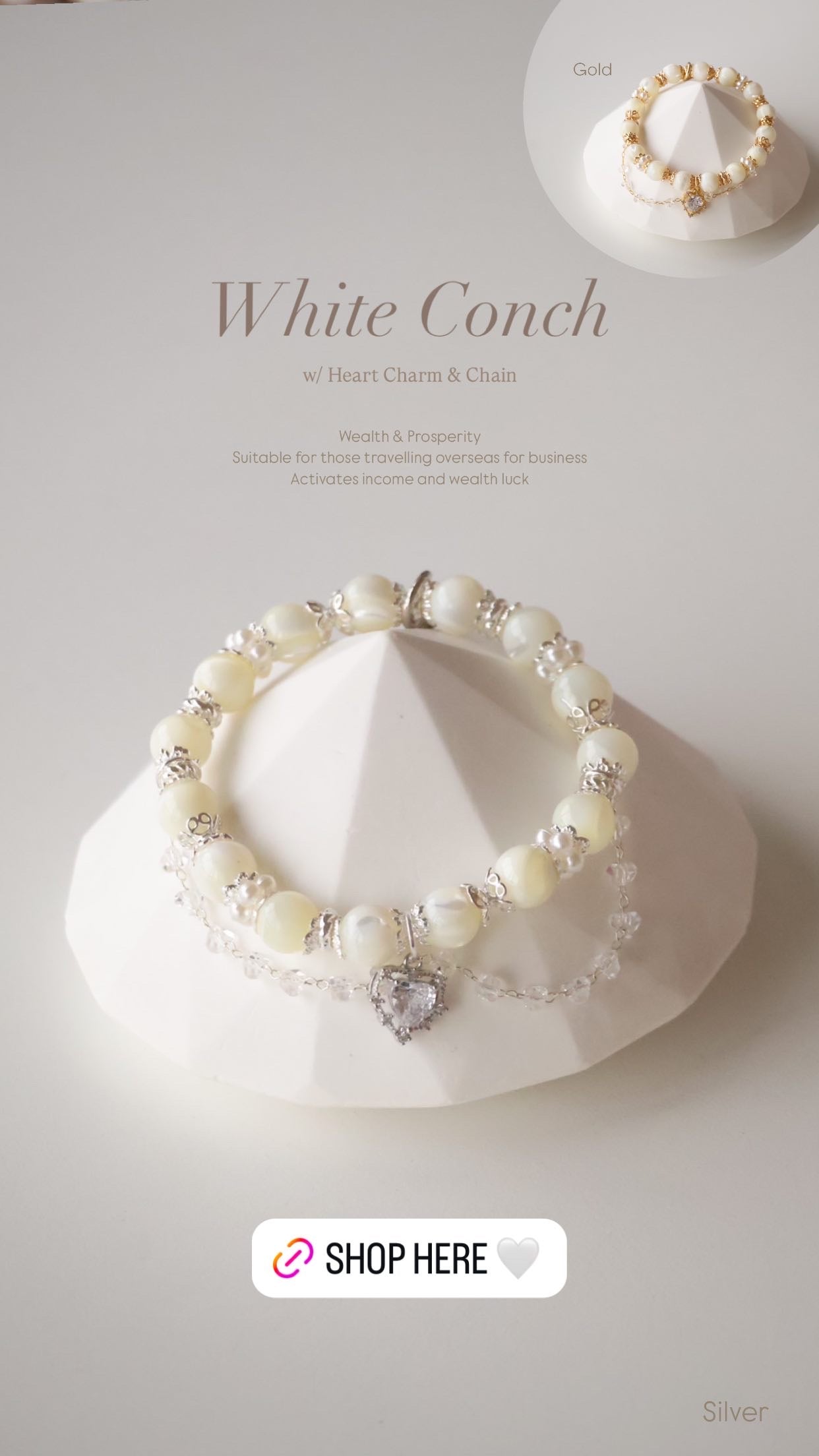 *Backorder* White Conch with Heart Charm & Chain Crystal Bracelet (Elastic)