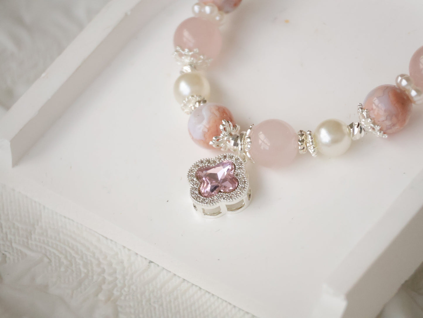 *Instocks* Cordelia Twin - Flower Agate & Rose Quartz with Sparkly Clover Charm Crystal Bracelet (Elastic)