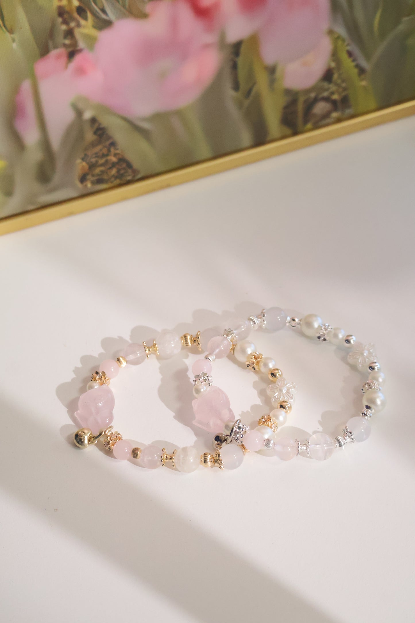 *Instocks* Rose Quartz, Snow Garden Rose Quartz & White Agate with Rose Quartz Nine Tail Fox Crystal Bracelet (Elastic)
