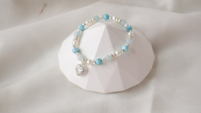 *Backorder* Larimar & Aquamarine with Gem Heart Charm Crystal Bracelet (Elastic) 2.0