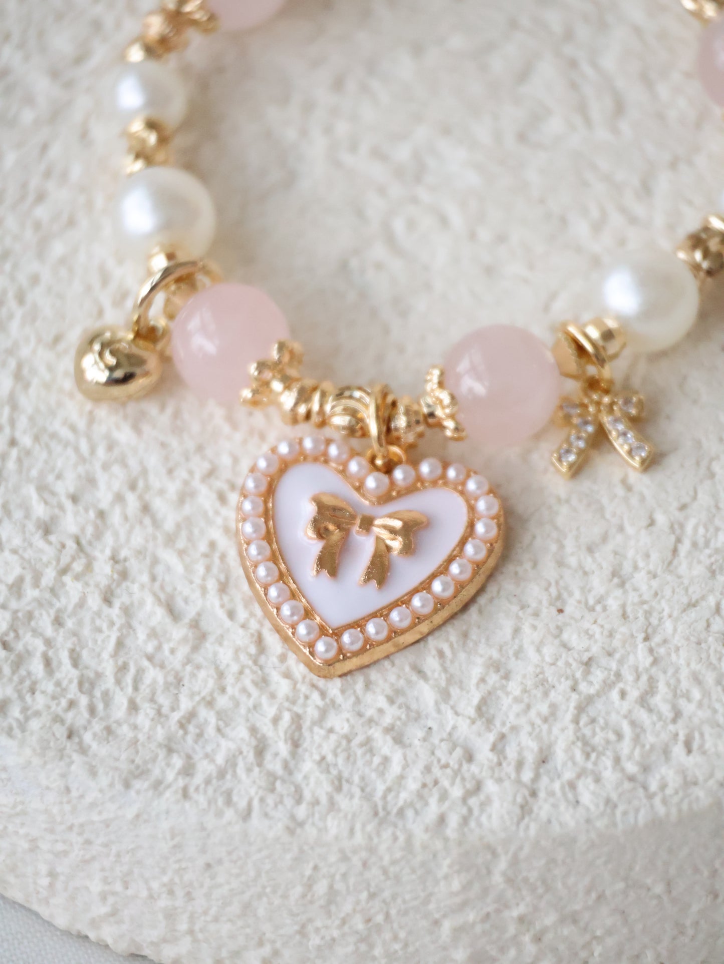 *Backorder* Cherie - Rose Quartz with Heart & Ribbon Charms Crystal Bracelet (Elastic) 2.0