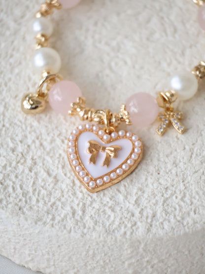 *Backorder* Cherie - Rose Quartz with Heart & Ribbon Charms Crystal Bracelet (Elastic) 2.0