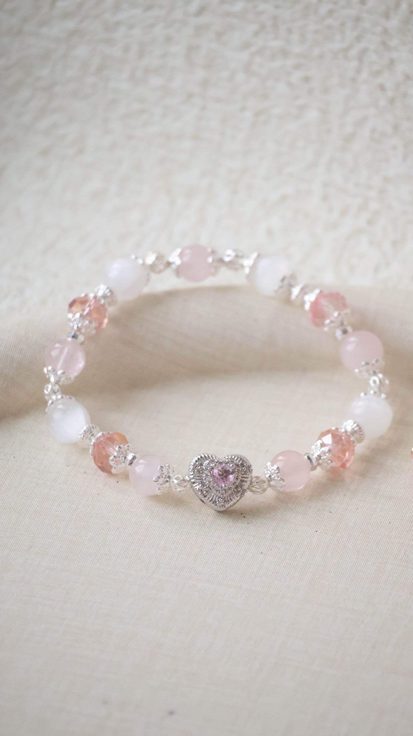 *Backorder* Rose Quartz & Satin Spar with Pink Gem Heart Crystal Bracelet (Elastic)