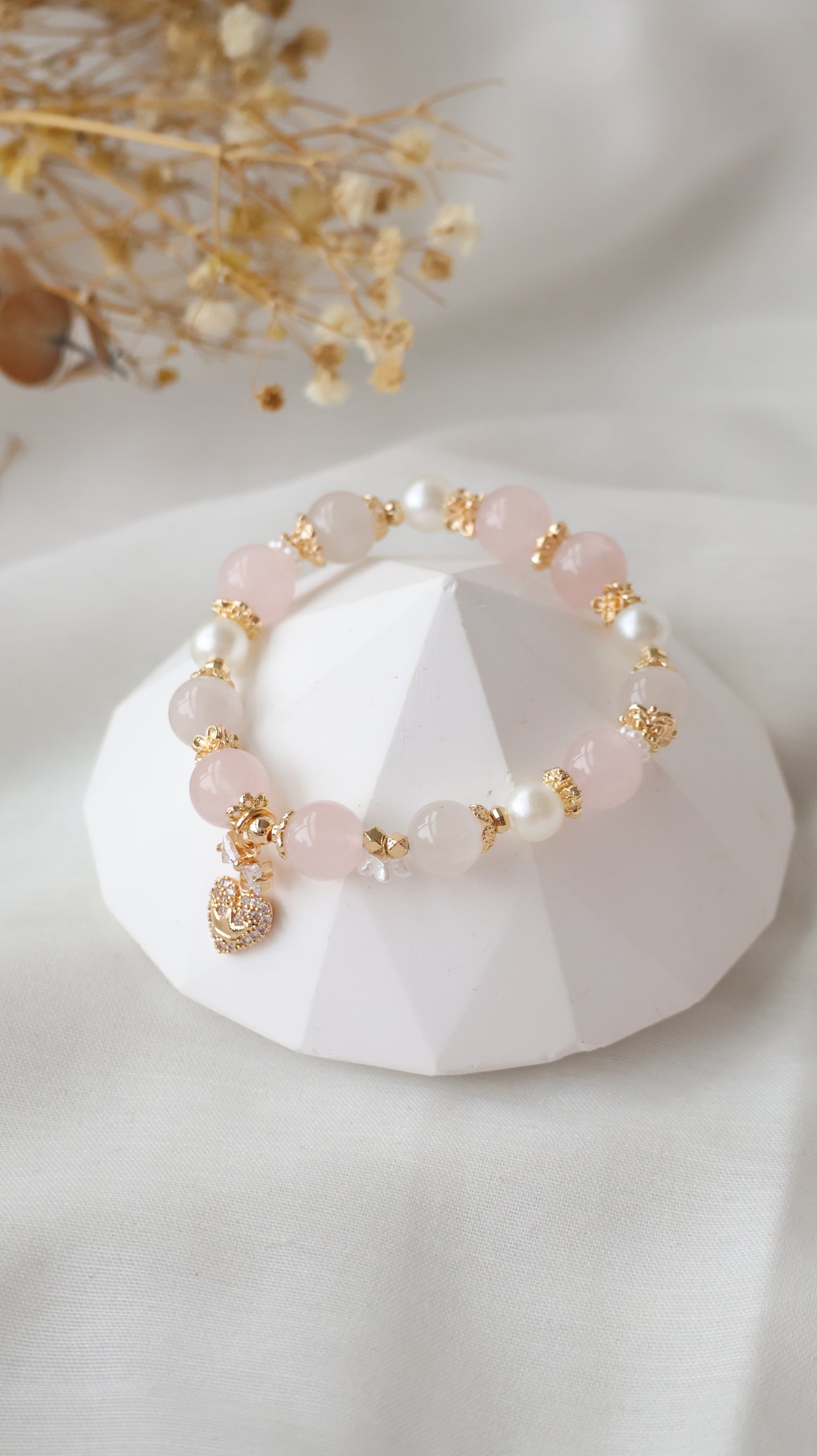 *Backorder* Rose Quartz & White Rabbit Hair with Sparkly Bow Heart Charm Crystal Bracelet (Elastic) 2.0