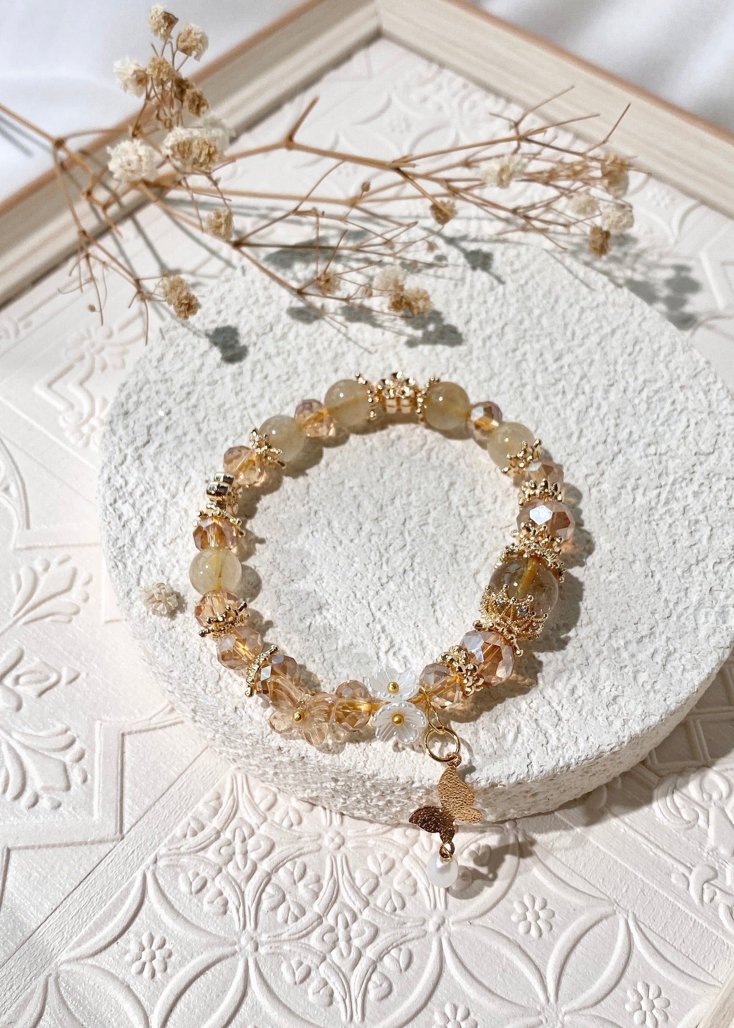 *PO* Gold Rutile with Butterfly Pearl Charm Crystal Bracelet (Elastic)