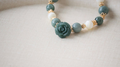 *Backorder* Blue Water Jade & White Conch with Blue Water Jade Rose Crystal Bracelet (Elastic)