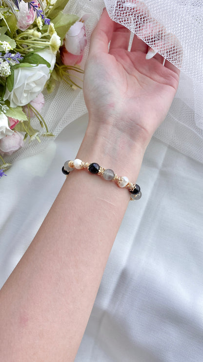 *INSTOCKS* The Ultimate Collection - Labradorite, Black Tourmaline & Natural Freshwater Pearl Crystal Bracelet in Gold (Elastic)