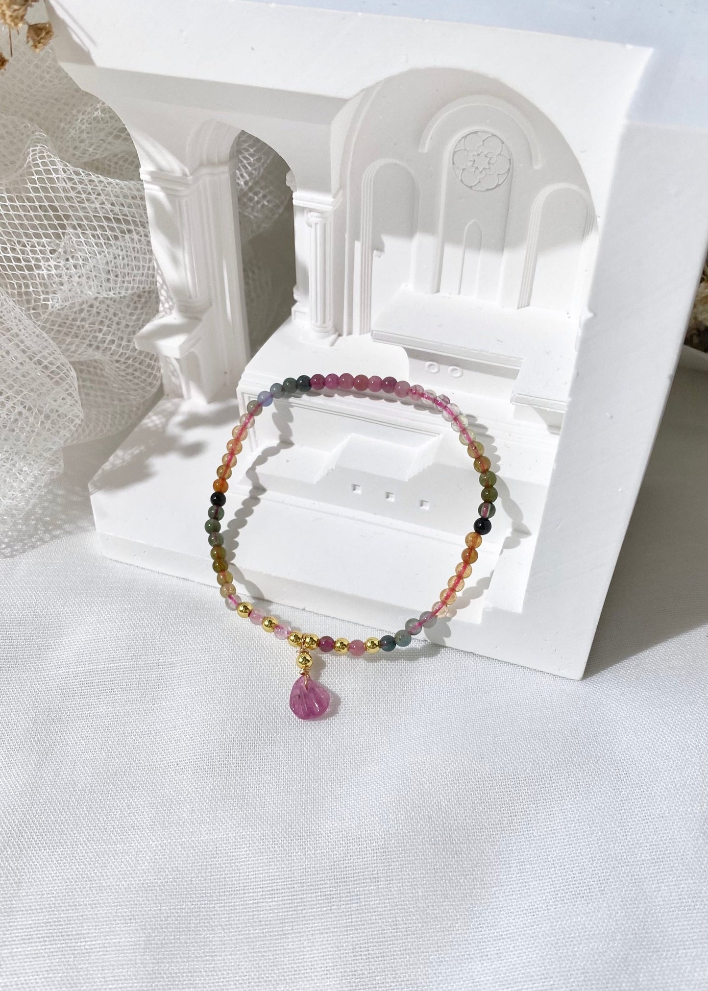 *PO* Rainbow Tourmaline Baby Stacker with Seashell Charm Crystal Bracelet (Elastic)