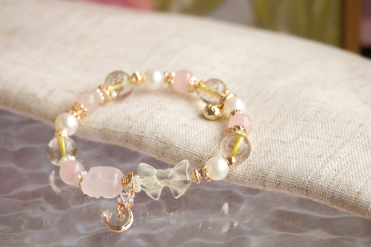 *Instocks* Gold Rutile & Rose Quartz with Lemon Quartz Ribbon & Rose Quartz Pixiu Crystal Bracelet (Elastic)