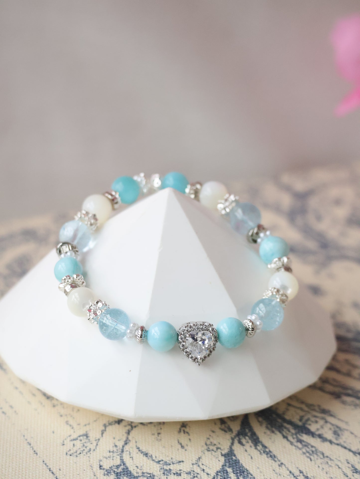 *Instocks* Cheru Customs - Larimar, White Conch & Blue Topaz with Sparkly Heart Charm Crystal Bracelet