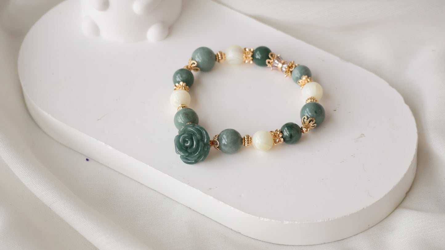 *Backorder* Blue Water Jade & White Conch with Blue Water Jade Rose Crystal Bracelet (Elastic)