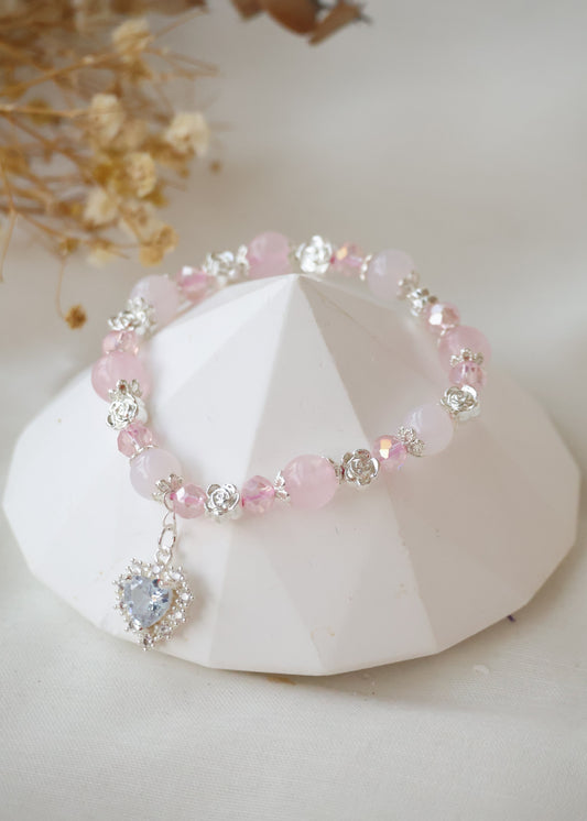 *Backorder* White Chalcedony & Rose Quartz with Sparkly Heart Charm Crystal Bracelet (Elastic)