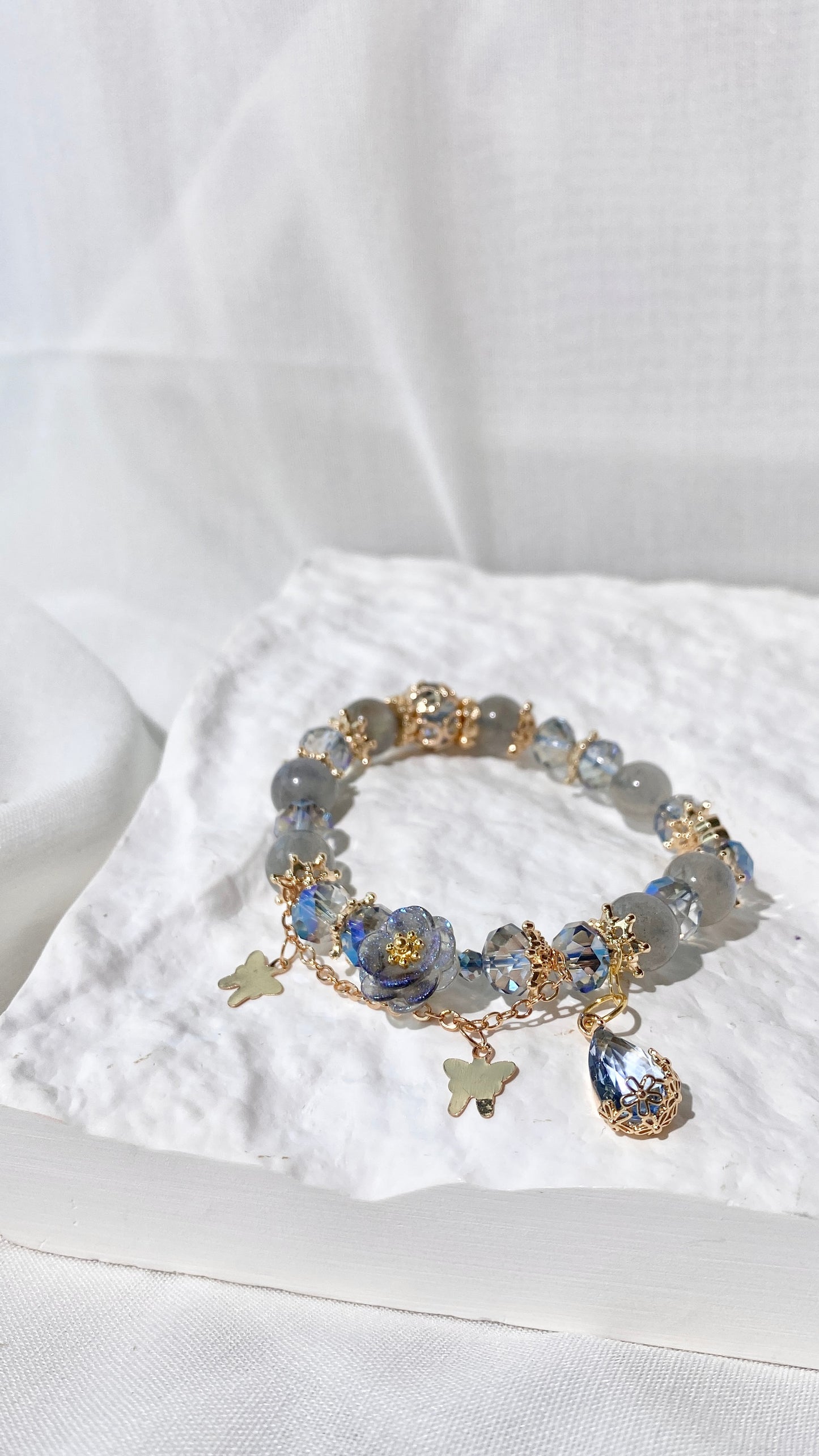 *PO* Labradorite with Blue Flower Charm, Teardrop Charm & Butterfly Chain Crystal Bracelet (Elastic)