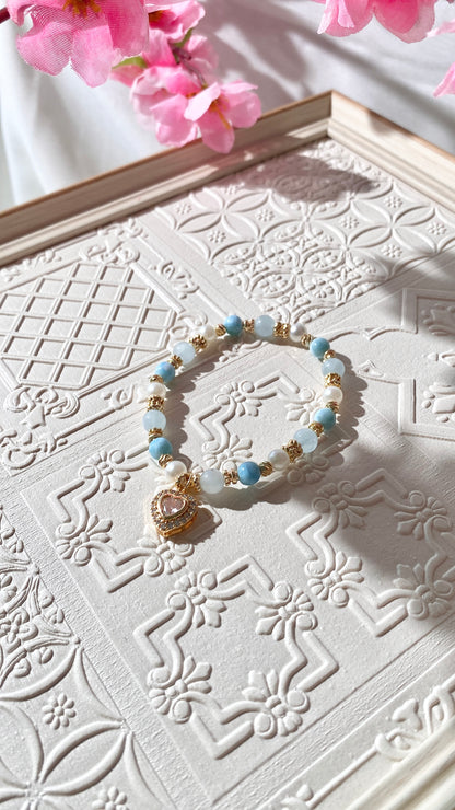 *PO* Larimar & Aquamarine with Gem Heart Charm Crystal Bracelet (Elastic)