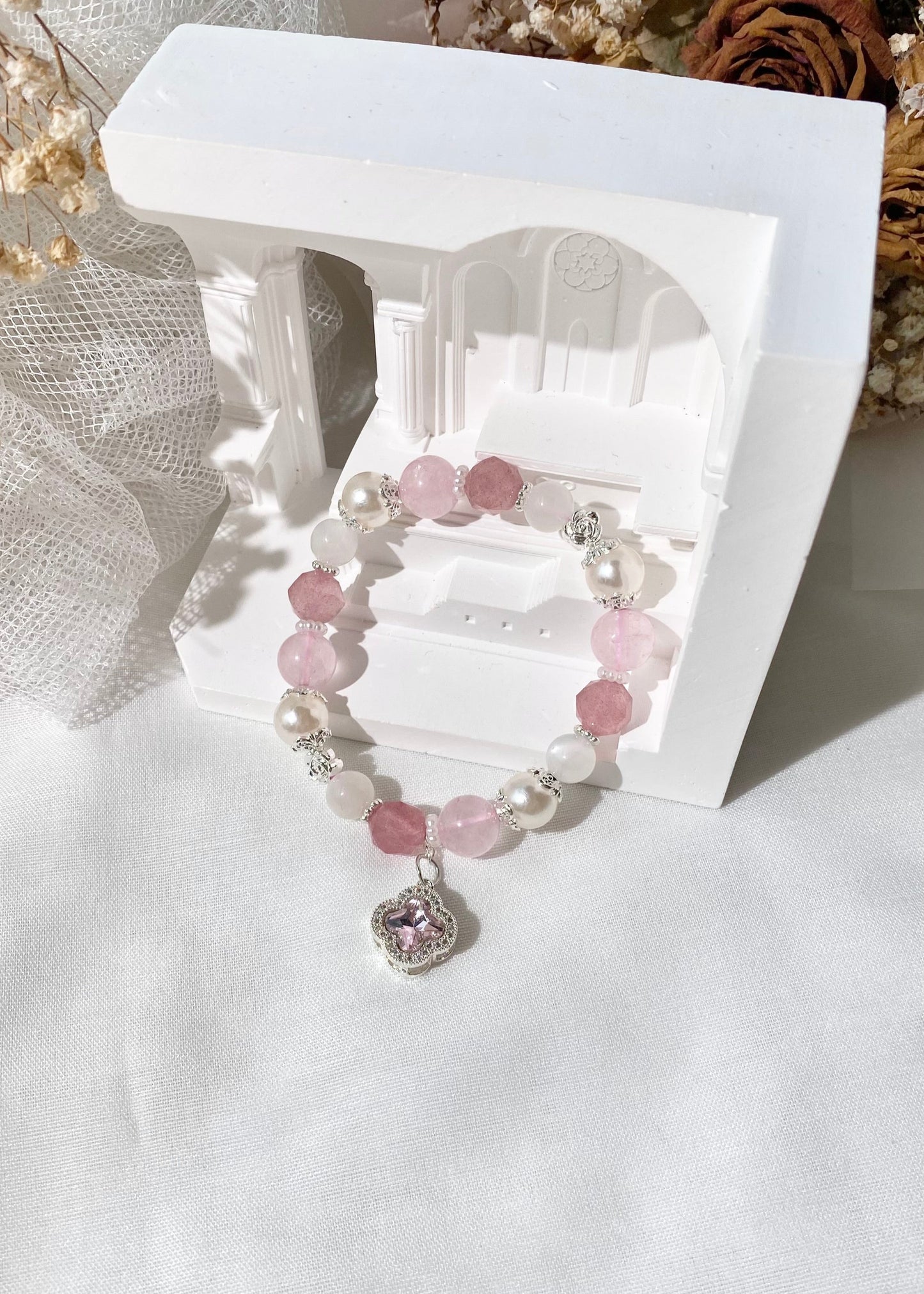 *PO* Cordelia Twin - Faceted Strawberry Quartz, Rose Quartz & Moonstone with Sparkly Clover Charm in Silver Crystal Bracelet (Elastic)