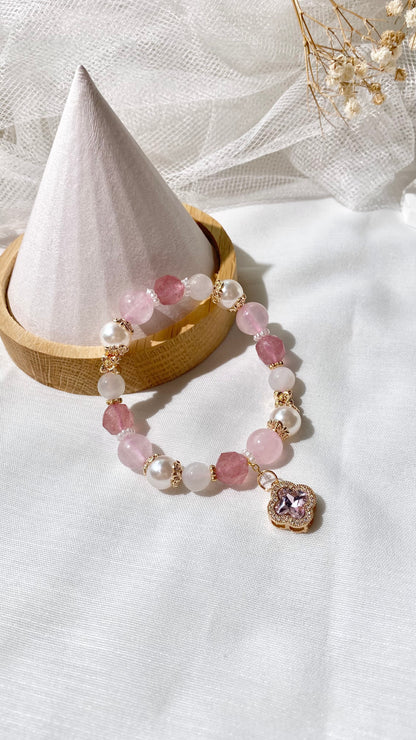 *PO* Cordelia Twin - Faceted Strawberry Quartz, Rose Quartz & Moonstone with Sparkly Clover Charm in Gold Crystal Bracelet (Elastic)