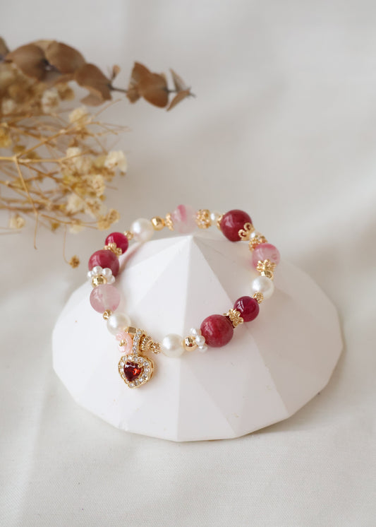 *Backorder* Red Star Ruby, Rhodonite & Sakura Rhodonite with Red Heart & Pink Flower Charms Crystal Bracelet (Elastic)