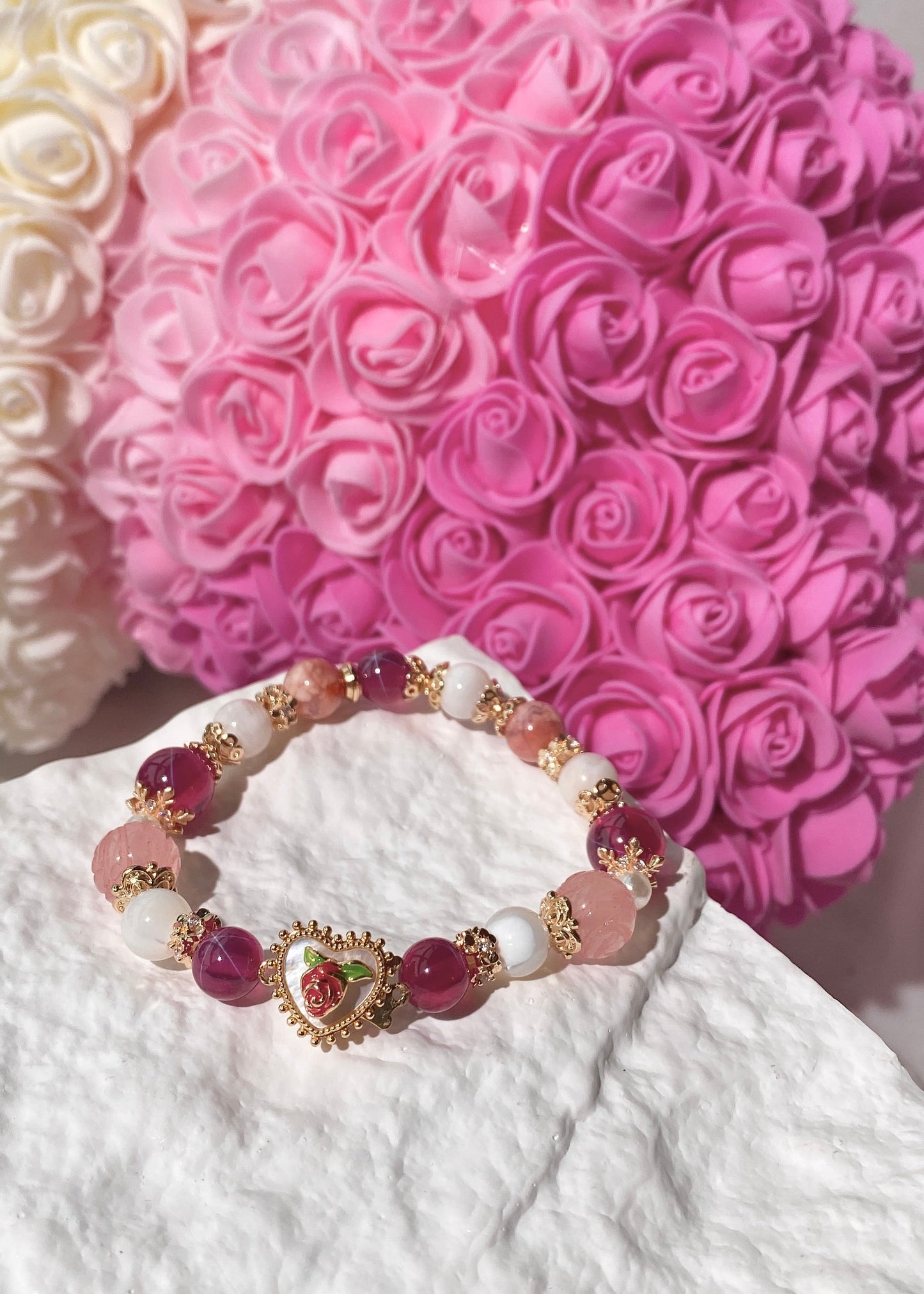 *INSTOCKS* Cheru Customs - Red Star Ruby, Rose Quartz Rose Bead, White Conch, Australian Pink Opal with Rose Heart Charm Crystal Bracelet