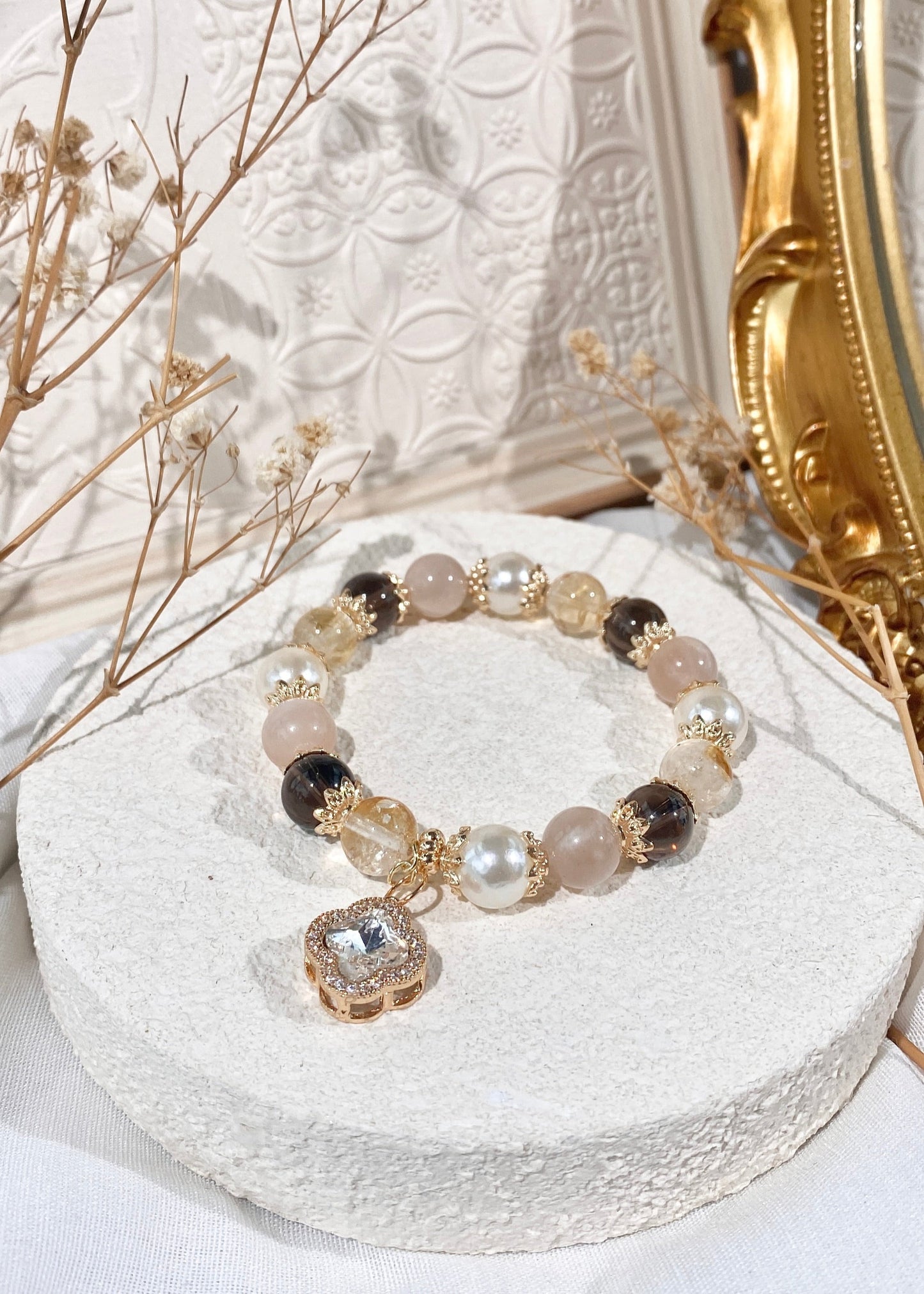 *PO* Cordelia Twin - Peach Moonstone, Azeztulite Citrine & Smokey Quartz with Sparkly Clover Charm Crystal Bracelet (Elastic)