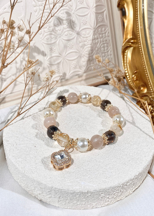 *PO* Cordelia Twin - Peach Moonstone, Azeztulite Citrine & Smokey Quartz with Sparkly Clover Charm Crystal Bracelet (Elastic)