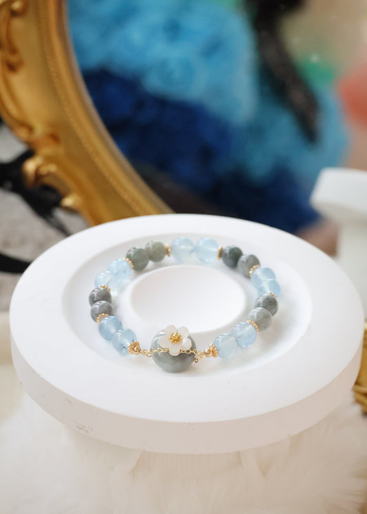 *Backorder* Wuji Jadeite Ping An Kou 平安扣 & Aquamarine Crystal Bracelet (Elastic)