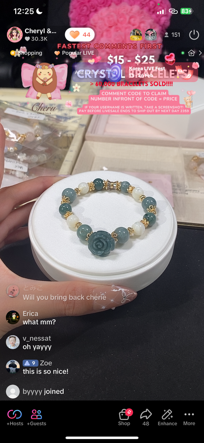 *Backorder* Blue Water Jade & White Conch with Blue Water Jade Rose Crystal Bracelet (Elastic)