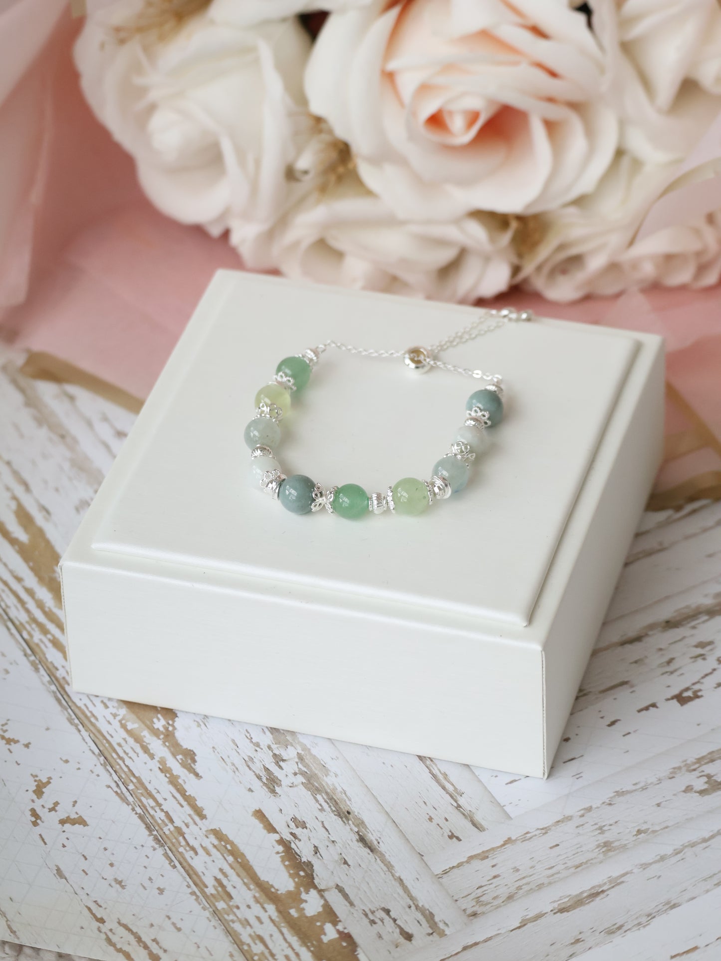 *Backorder* Prehnite, Blue Kyanite, Green Jadeite, Blue Water Jadeite & Green Strawberry Quartz Crystal Bracelet (Push pull)