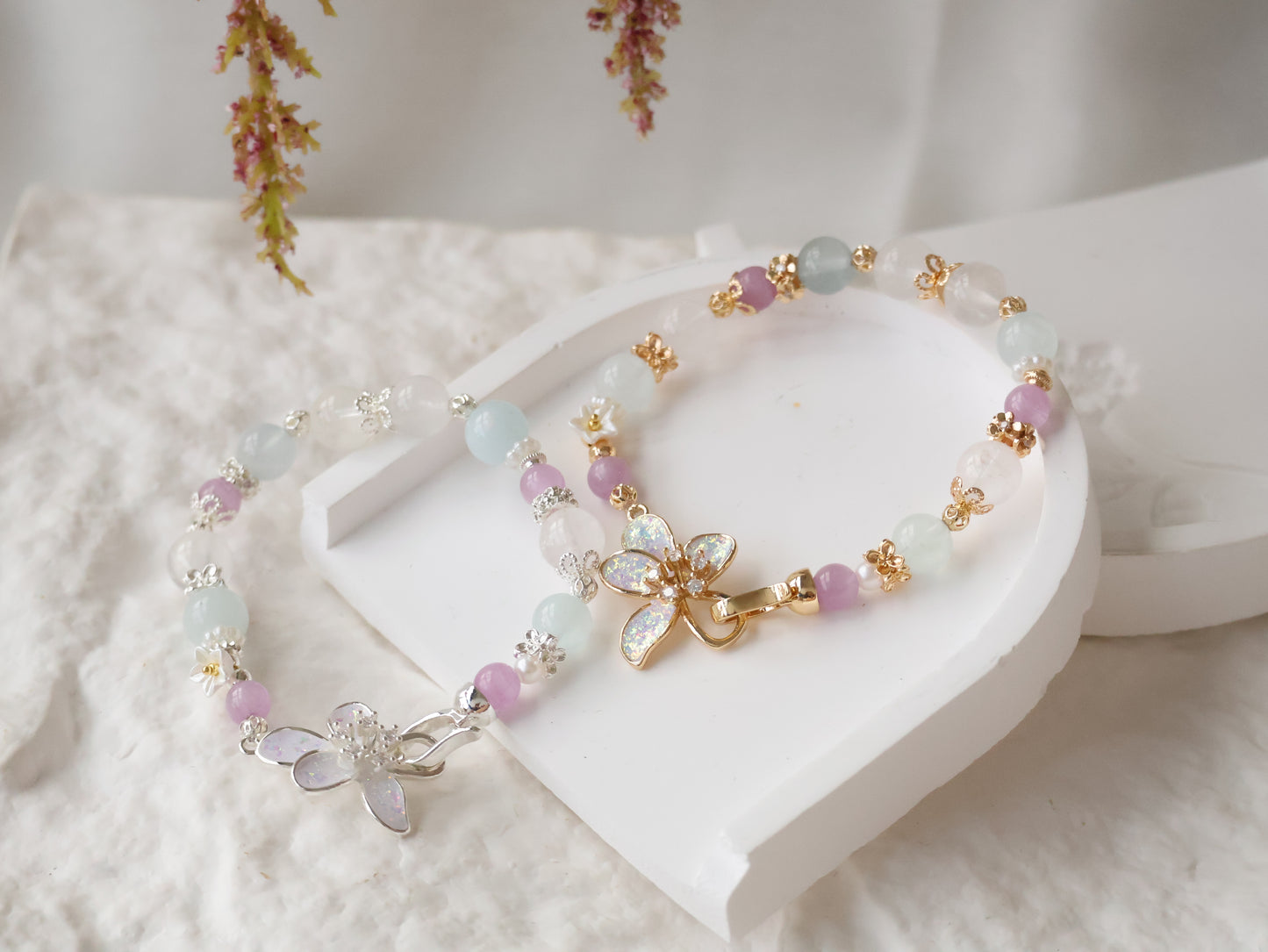 *Backorder* Aquamarine, Kunzite & White Phantom Quartz with Flower Clasp Crystal Bracelet (Elastic)