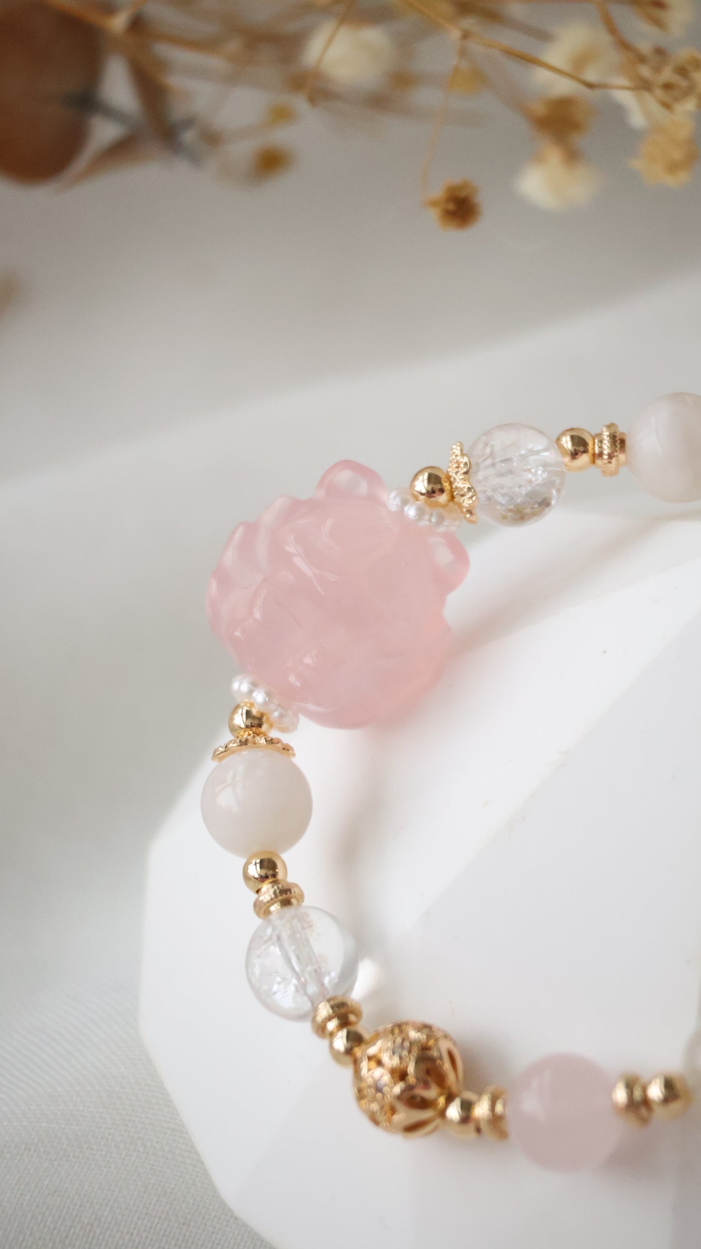 *Backorder* Rose Quartz Nine Tail Fox 九尾狐, Snow Garden Rose Quartz & Clear Quartz Crystal Bracelet (Elastic) 2.0