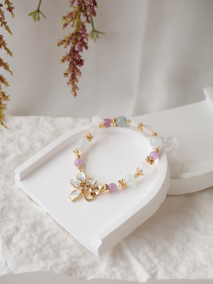 *Backorder* Aquamarine, Kunzite & White Phantom Quartz with Flower Clasp Crystal Bracelet (Elastic)