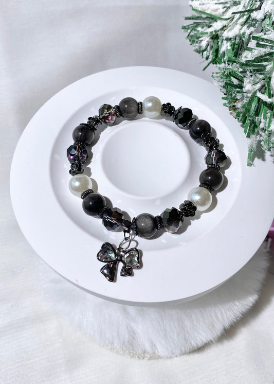 *PO* Silver Sheen Obsidian with Ribbon Charm Crystal Bracelet (Elastic)