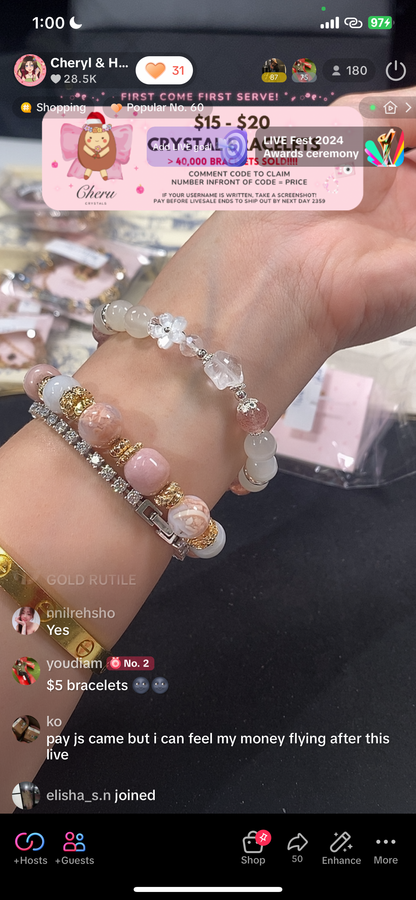 *PO* Moonstone & Strawberry Quartz with Clear Quartz Star & Sakura Flower Charm Crystal Bracelet (Elastic)