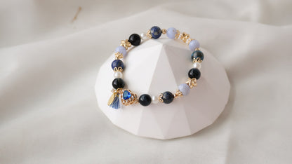 *Backorder* Lapis Lazuli, Blue Tiger's Eye & Blue Lace Agate with Blue Heart Charm & Seashell Dangly Crystal Bracelet (Elastic)