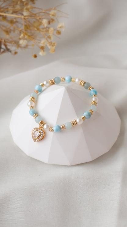 *Backorder* Larimar & Aquamarine with Gem Heart Charm Crystal Bracelet (Elastic) 2.0