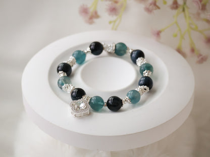 *Backorder* Cordelia Twin - Blue Tiger's Eye (Enhanced) & Blue Fluorite with Sparkly White Clover Charm Crystal Bracelet (Elastic)