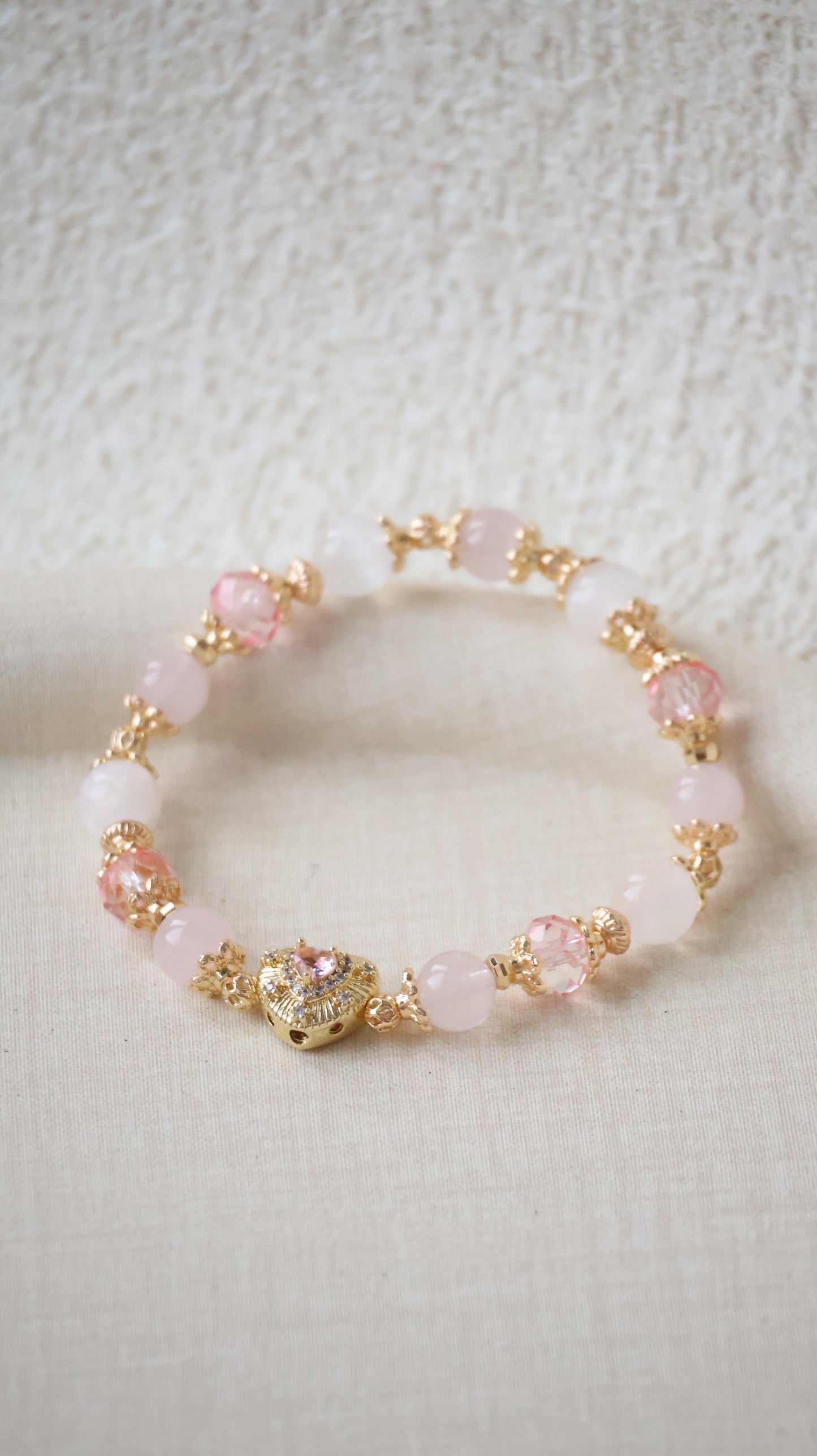 *Backorder* Rose Quartz & Satin Spar with Pink Gem Heart Crystal Bracelet (Elastic)