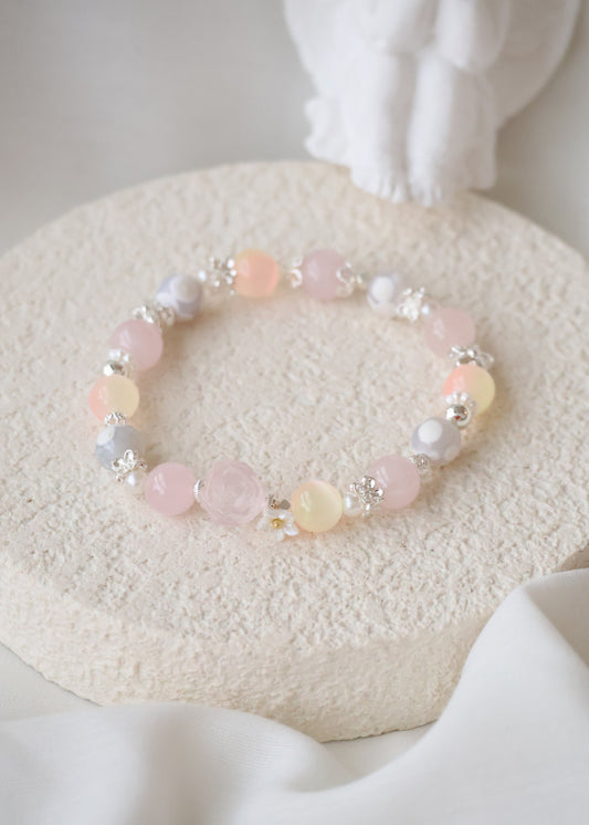 *Backorder* Peony Agate, Rose Quartz & Yellow-Pink Satin Spar with Rose Quartz Rose & White Flower Charm Crystal Bracelet (Elastic)