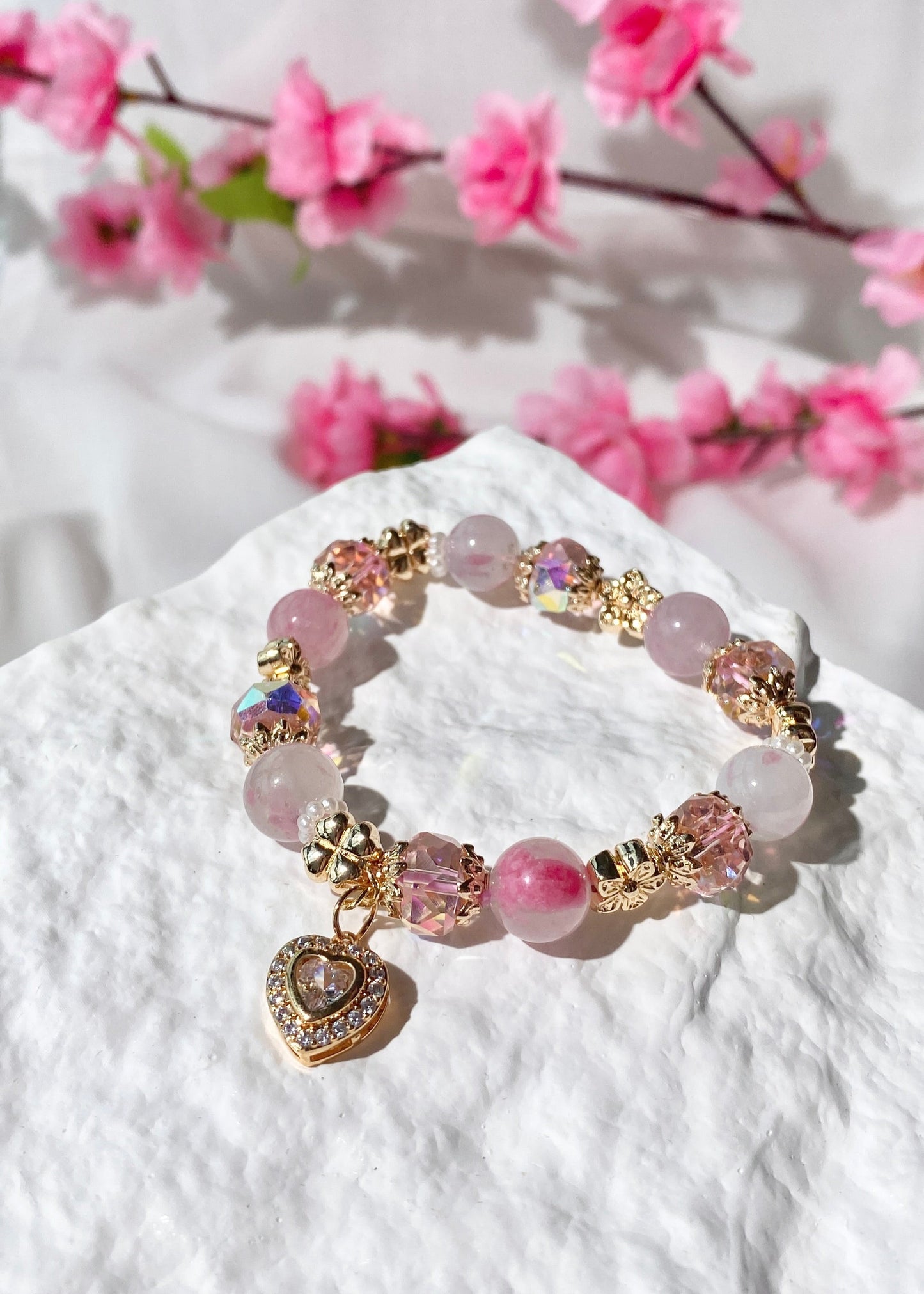 *PO* Sakura Rhodonite with Sparkly Heart Charm Crystal Bracelet (Elastic)