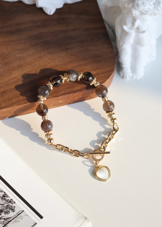 *Instocks* Smoky Quartz and Black Gold Skeletal Sunstone with Chain & OT Clasp with MOP Heart Crystal Bracelet (Elastic)