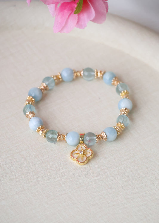 *PO* Blue Topaz & Aquamarine with MOP Clover Charm Crystal Bracelet (Elastic)