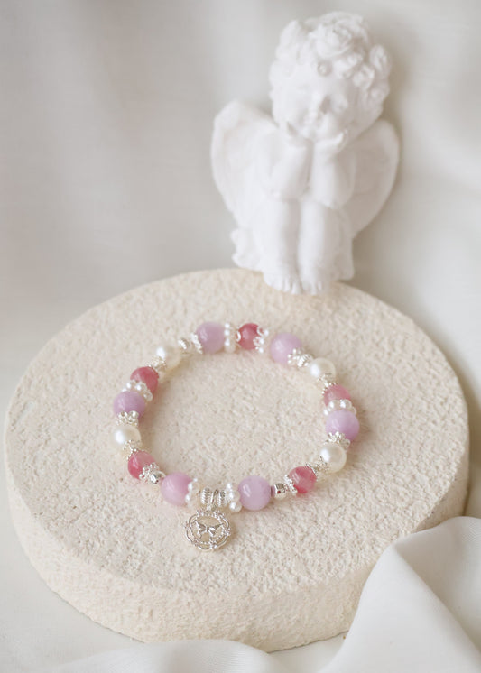 *Backorder* Sakura Rhodonite & Kunzite with Butterfly Charm Crystal Bracelet (Elastic)