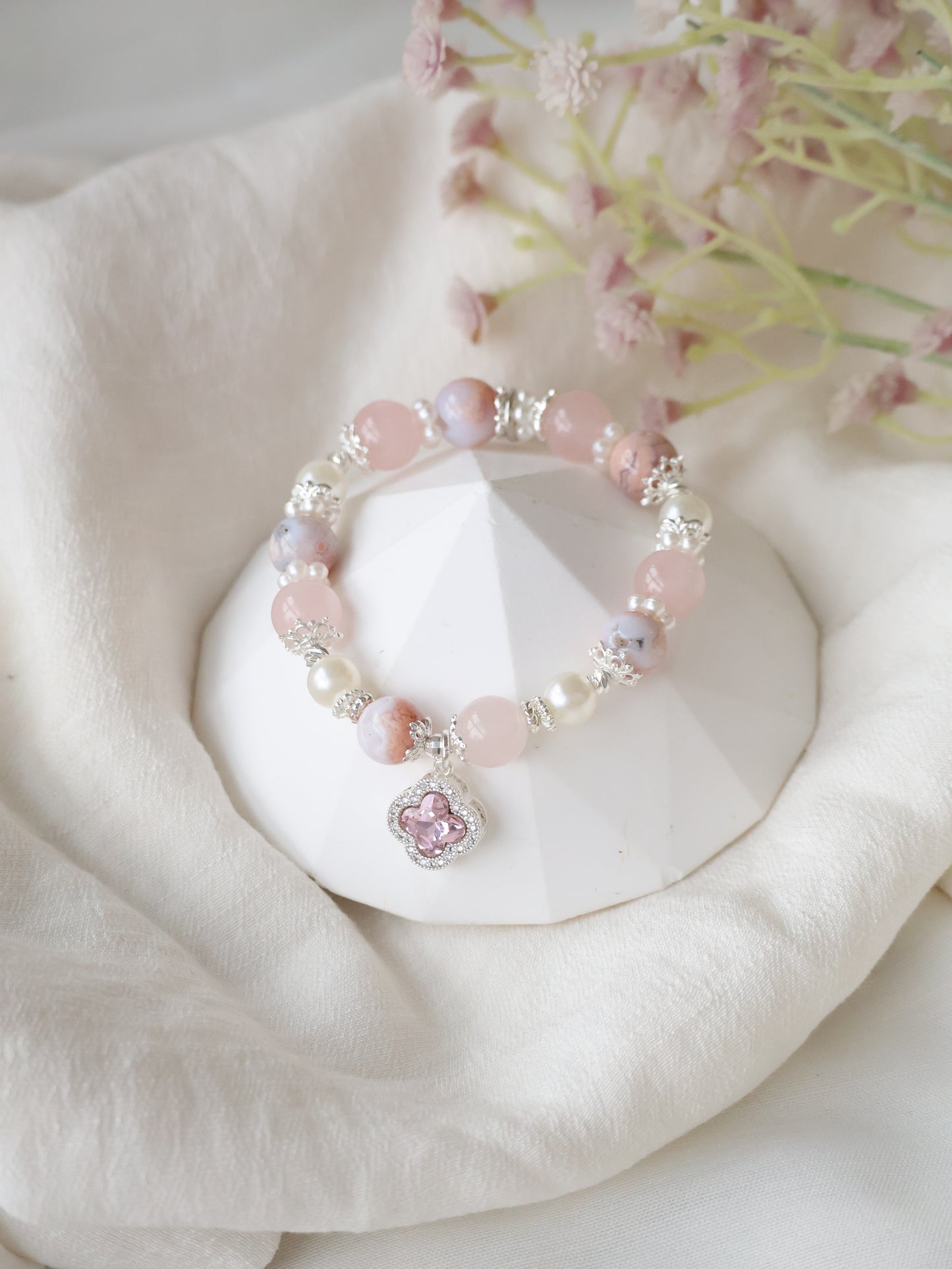 *Backorder* Cordelia Twin - Flower Agate & Rose Quartz with Sparkly Clover Charm Crystal Bracelet (Elastic)