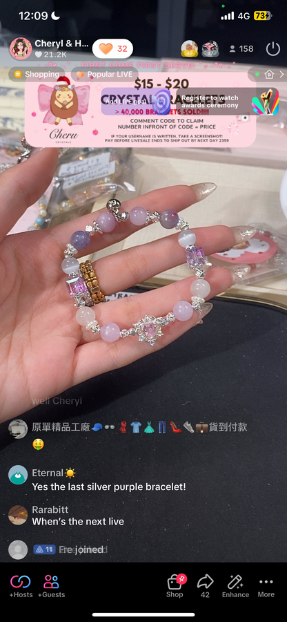 *PO* Snow Garden Rose Quartz, Kunzite,  Unicorn Stone & Cat Eye with Sparkly Heart Charm Crystal Bracelet (Elastic) 2.0