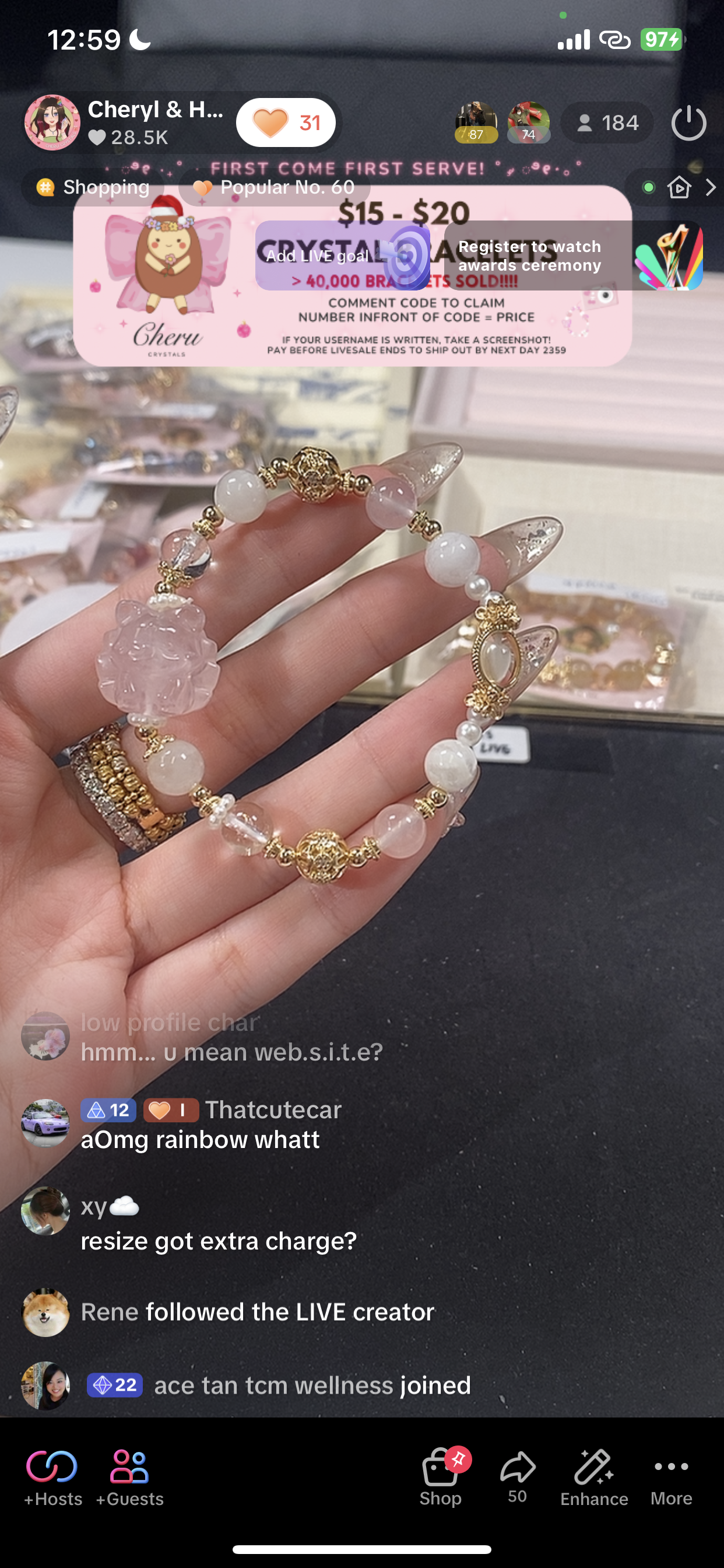 *PO* Rose Quartz Nine Tail Fox 九尾狐, Snow Garden Rose Quartz & Clear Quartz Crystal Bracelet (Elastic)