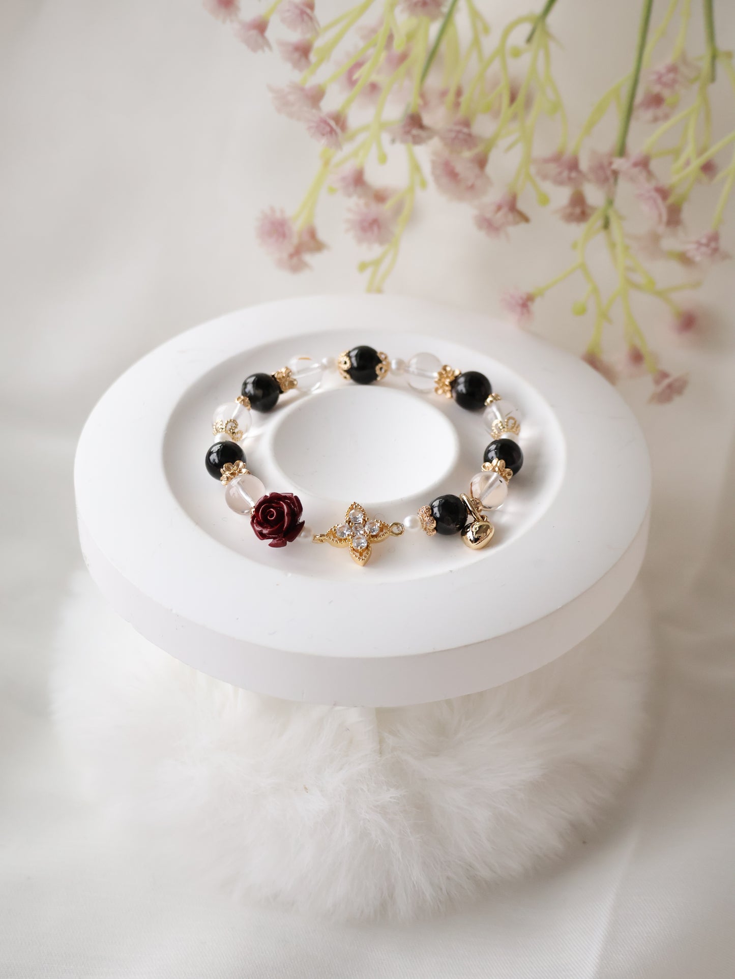 *Backorder* Hypersthene, Black Gold Super 7 & Cinnabar Rose with Clover Charm Crystal Bracelet (Elastic)