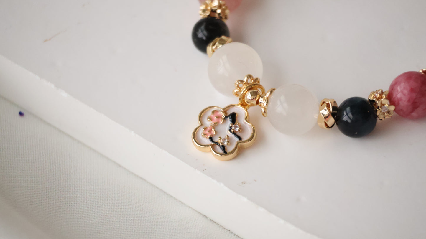 *Backorder* Blue Tiger's Eye, Rhodonite & Moonstone with Floral Charm Crystal Bracelet (Elastic)