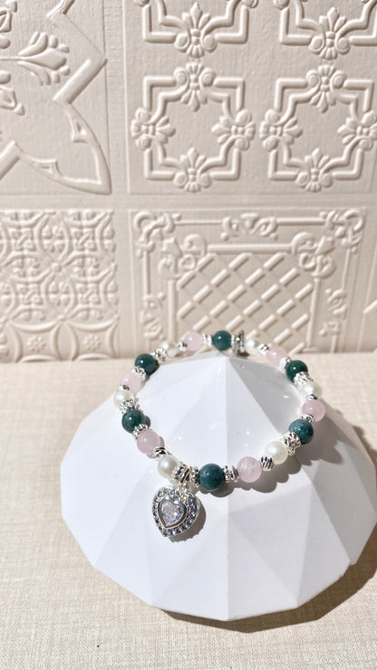 *PO* Blue Water Jade & Rose Quartz with Gem Heart Charm Crystal Bracelet (Elastic)