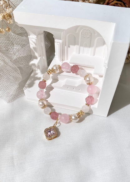 *PO* Cordelia Twin - Faceted Strawberry Quartz, Rose Quartz & Moonstone with Sparkly Clover Charm in Gold Crystal Bracelet (Elastic)